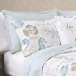 Lush Decor 16T002242 7 Piece Harbor Life Quilt Set, Full/Queen, Blue and Taupe