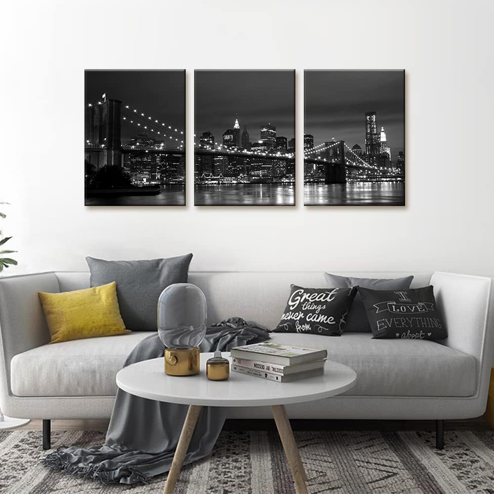 Pacimo New York Brooklyn Bridge Canvas Wall Art 3 Panels Night View Modern Landscape Artwork Cityscape Pictures Prints on Canvas Wall Decor for Home & Office Decoration - 12 x 16 inch x 3 Wallart-10 12" x 16" x 3 Panels