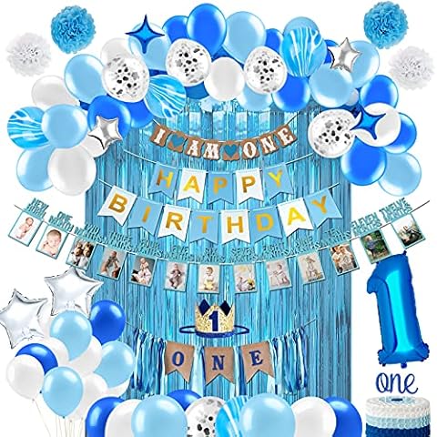 PartyHooman 1st Birthday Decorations for Boys Bundle With First Birthday Photo Banner, Backdrop, First Birthday Crown, One High Chair Banner and Supplies.. | Baby Boy First Birthday Decorations Boy Cover