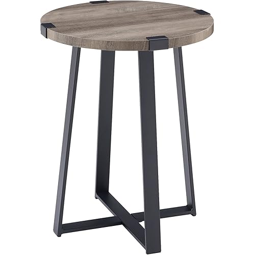 WovenPath Rustic Wood and Metal Round End Table, Grey Wash