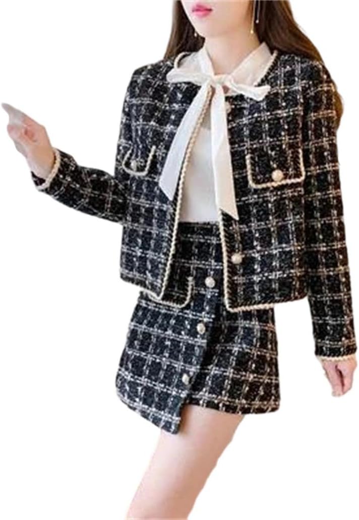 Women's Tweed 2 Piece Set Pearl Button Short Coat with Irregular Skirt Outfit Suits