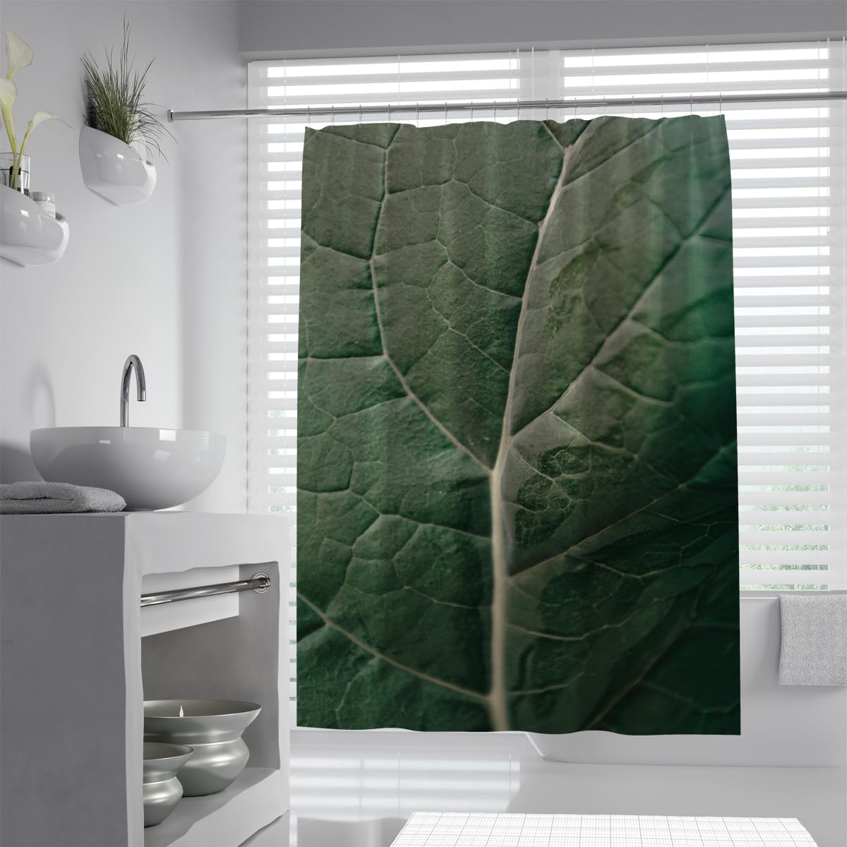 UIRINGART Macro Leaf Texture Shower Curtain W100xL200cm Deep Green Foliage Veins Pattern Waterproof Anti Mould Fast Drying Bath Drape with Hooks