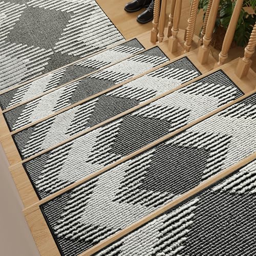 PADOOR 1PC Stair-Treads Non Slip, 3D Peel and Stick Stair Treads for Wooden Steps Indoor, Stair-Carpet Treads Washable Reusable Adhesive Stair-Runner Rugs for Kids and Dogs 8"x30" Black 1PC 