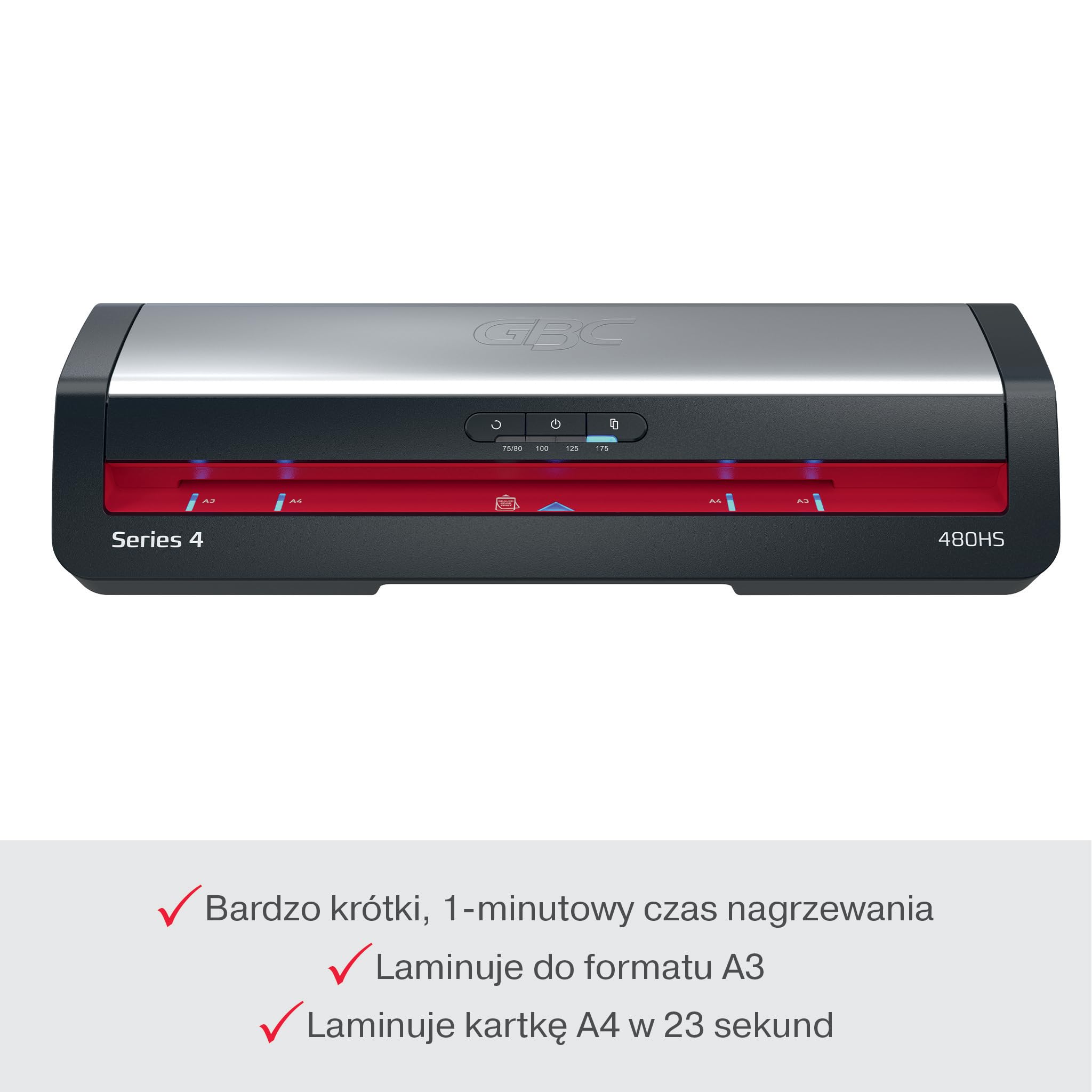 GBC 480HS Home Office Laminator A3 – Szybkie laminowanie, nagrzewanie w 1 minutę, 75–175 mikronów, funkcja przeciw zacięciom, auto wyłączanie, zawiera 5x folii A4, czarno-czerwony, 4410072EU