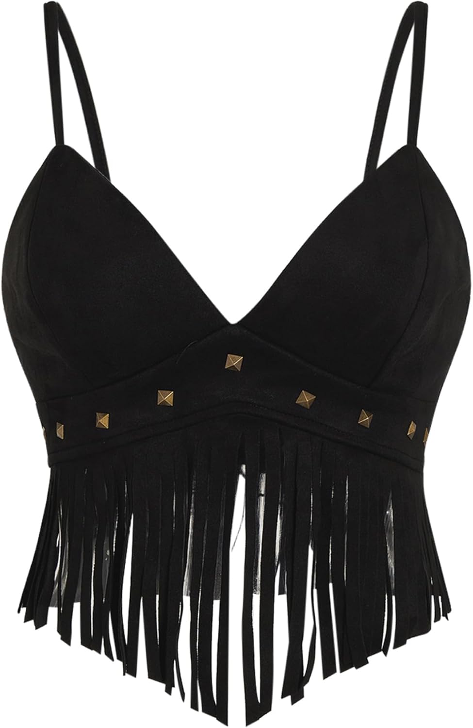 OYOANGLE Women's Y2K Fringe Sleeveless Spaghetti Strap Faux Suede Vintage Hippie Crop Top Blouse
