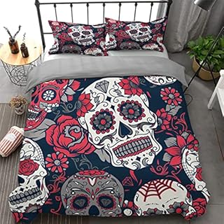 Sugar Skull Bedding Duvet Cover Set Red Sunflower Skull Printed Quilt Cover with Zipper Soft Microfiber Gothic Skeleton Floral Decor Single Size 135x200cm