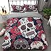 Juego de ropa de cama Sugar Skull Rojo Girasol y edredón de calavera Funda nórdica para Halloween Esqueleto gótico Skullon Decoración Juego de cama con 1 fundas de almohada Tamaño doble 200X200cm