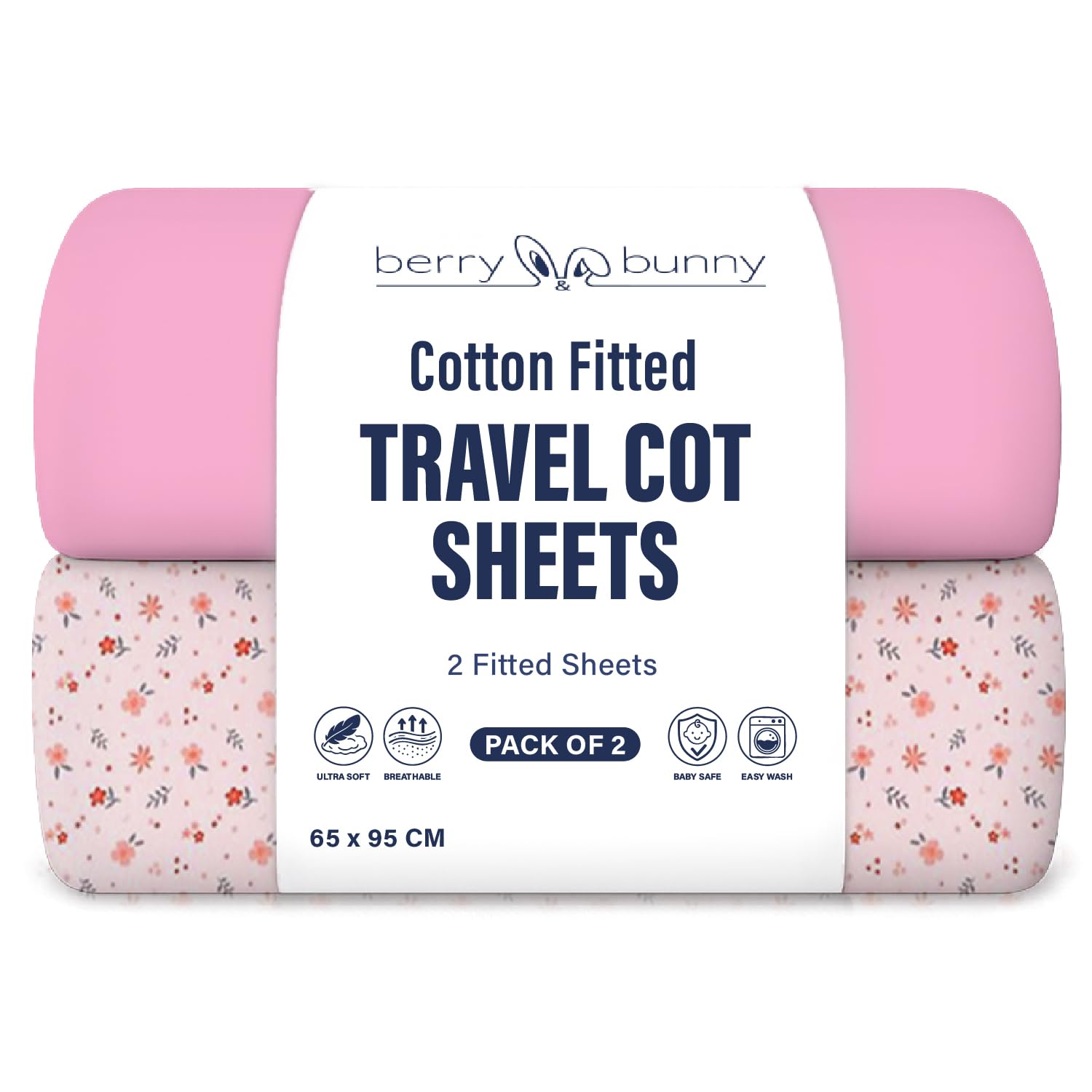 Berry and Bunny 100% Cotton Travel Cot Sheets Pack of 2, Soft Breathable Baby Fitted Sheets 65 x 95 cm, Elasticated Mattress Protector Cover, Deep Fit Baby Bedding All Seasons