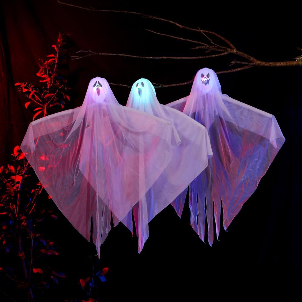 Herla 3 PCS Halloween Decorations Outdoor Lighted White Cloth Hanging Ghost Flying Spooky Ghost Halloween Decorations Holiday Displays Halloween Ghost Decorations for Outdoor Party Yard Lawn
