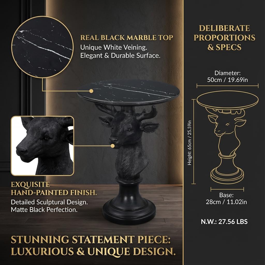 Modern Accent Table with Black Deer Sculpture Base, Minimalist Faux Marble End Table for Living Room Reception Area & Bedroom, 19.69 Inches Wide × 25.59 Inches High