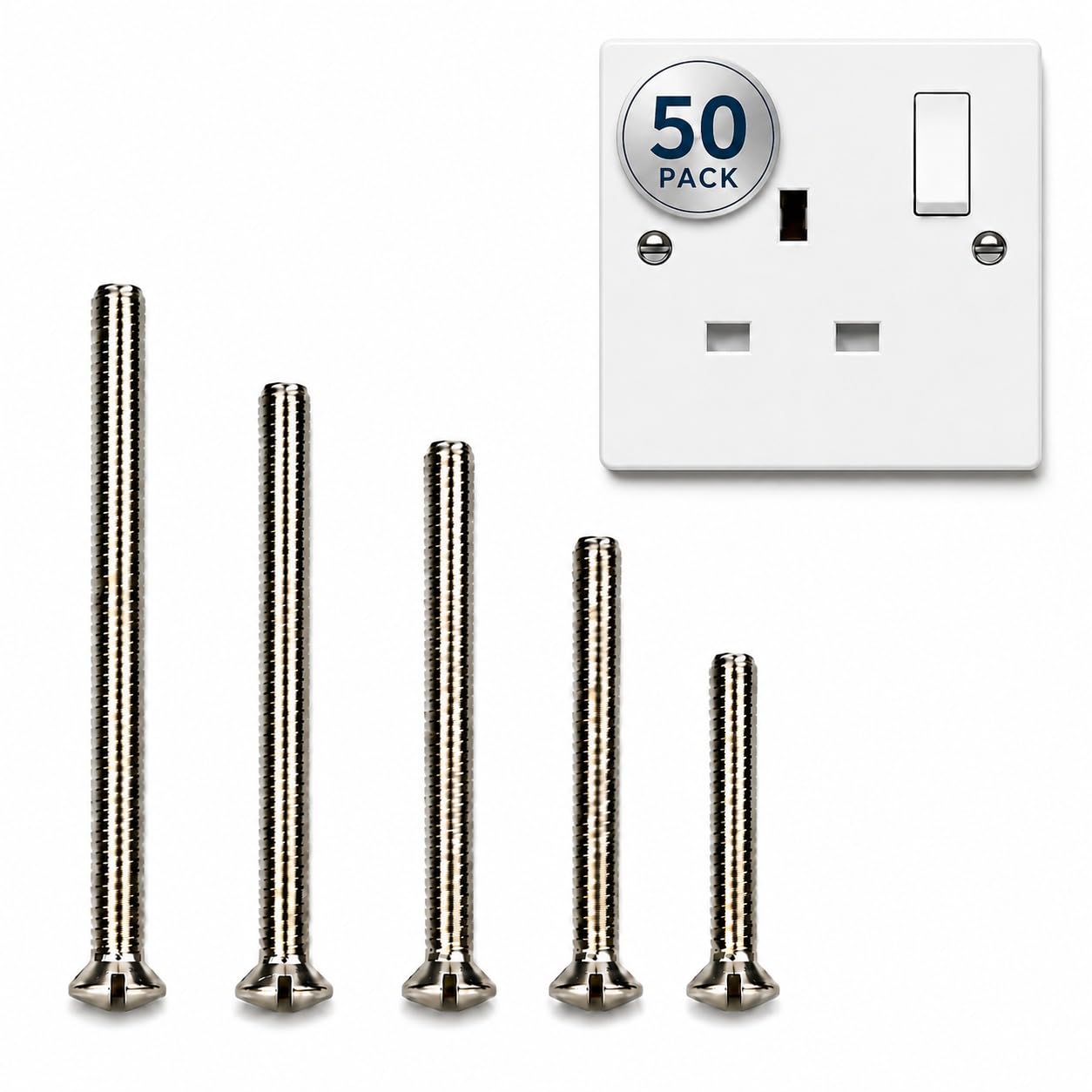 M3.5 Electrical Socket Screws | 50 Pack | 10 Each 25, 30, 40, 50 & 60mm | Slotted Raised Head | Nickel Plated (Rasied, 25-60mm)