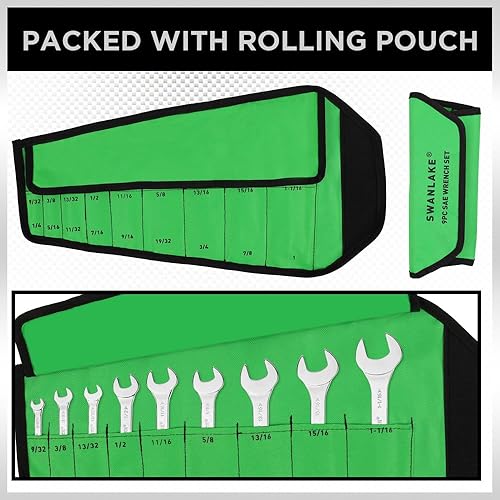 Miniatura 4 de SWANLAKE - Juego de llaves de extremo abierto superfinas de 9 piezas, acero al carbono, tamaño SAE de 14"-1-116", juego de llaves delgadas con bolsa
