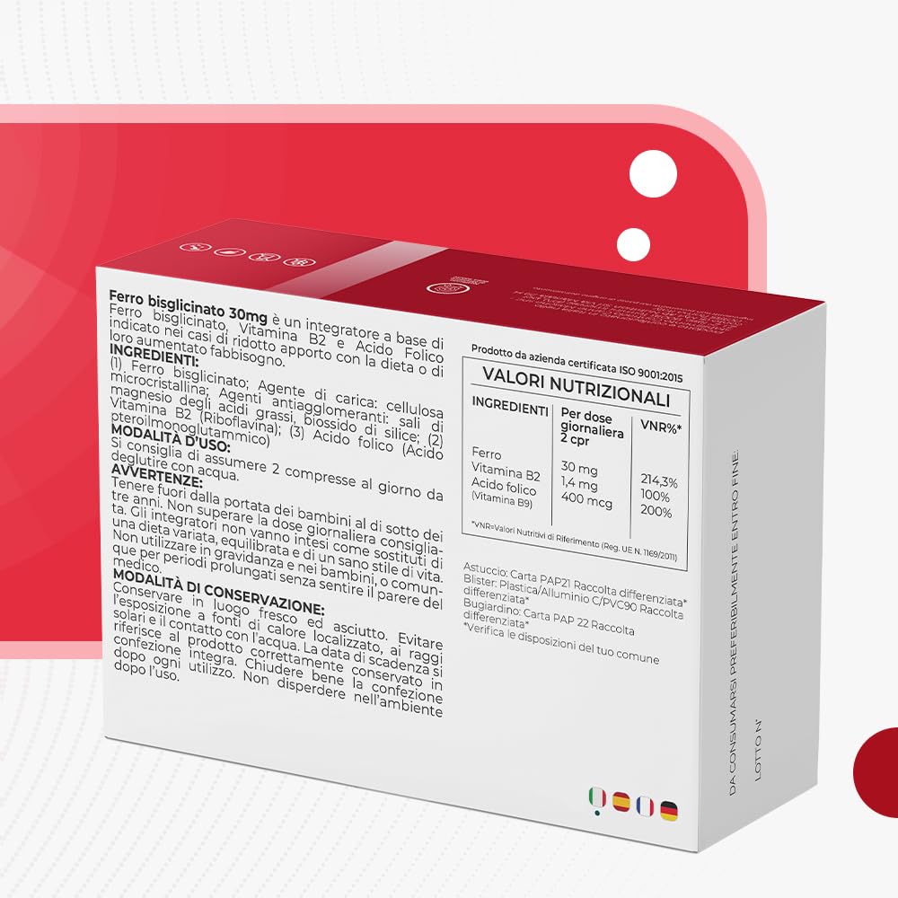 Ferro Integratore 30 mg Con Acido Folico e Vitamina B2-160 compresse - Per Globuli Rossi, Ossigeno, Sistema Immunitario, Stanchezza e Benessere Mentale