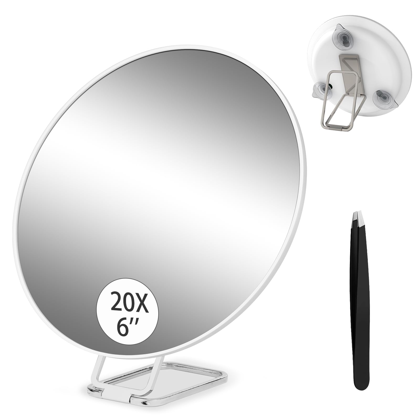 Espejo de aumento de 20 aumentos, espejo de aumento de maquillaje blanco de 6 pulgadas, espejo de aumento portátil con soporte de mesa de 360° y 3 ventosas, espejo de aumento de maquillaje