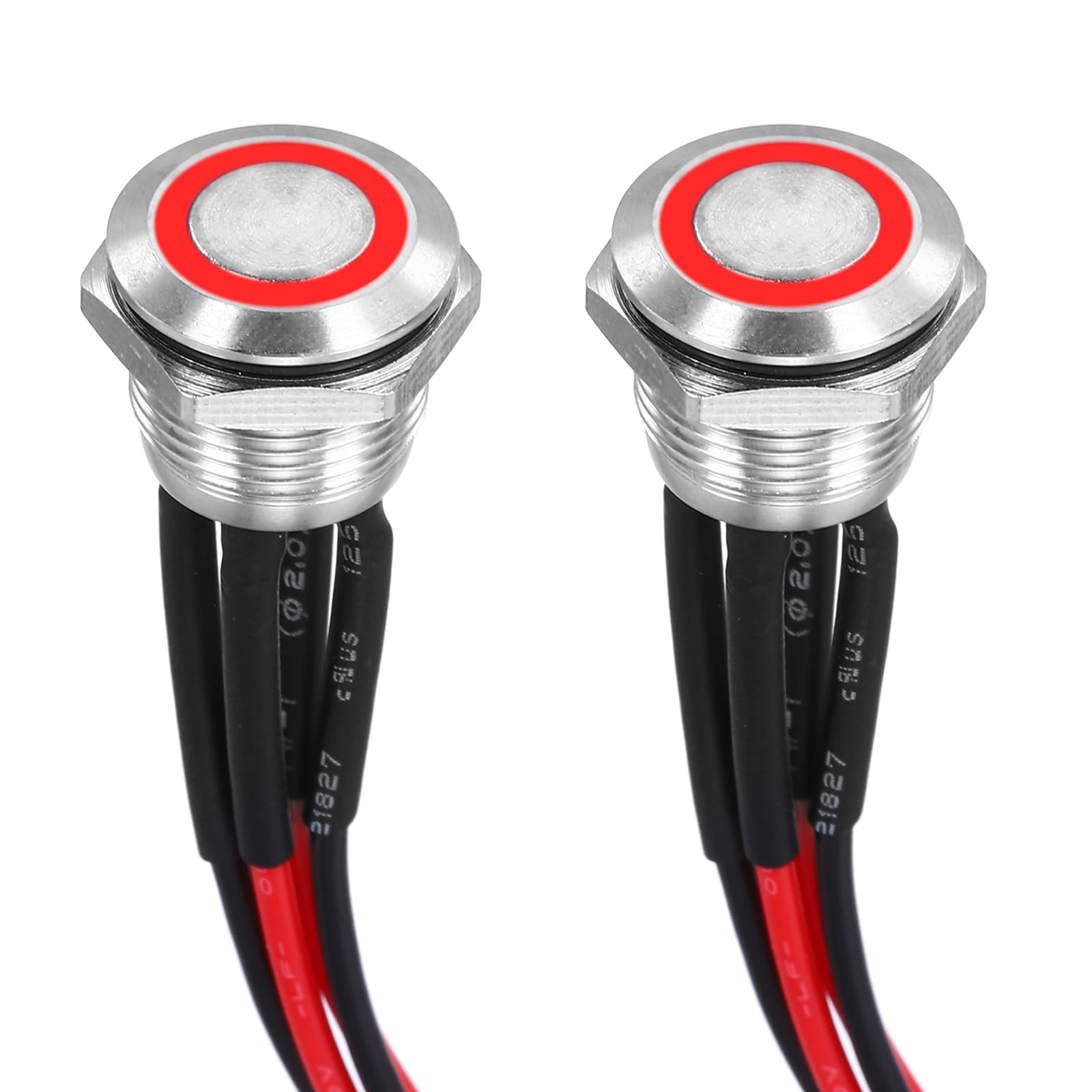 DMiotech 1/2 Inch Stainless Steel Momentary Push Button Switch Flat Head 3A 12-24V Silver Shell with Pre-soldered Red LED Ring Light 1NO