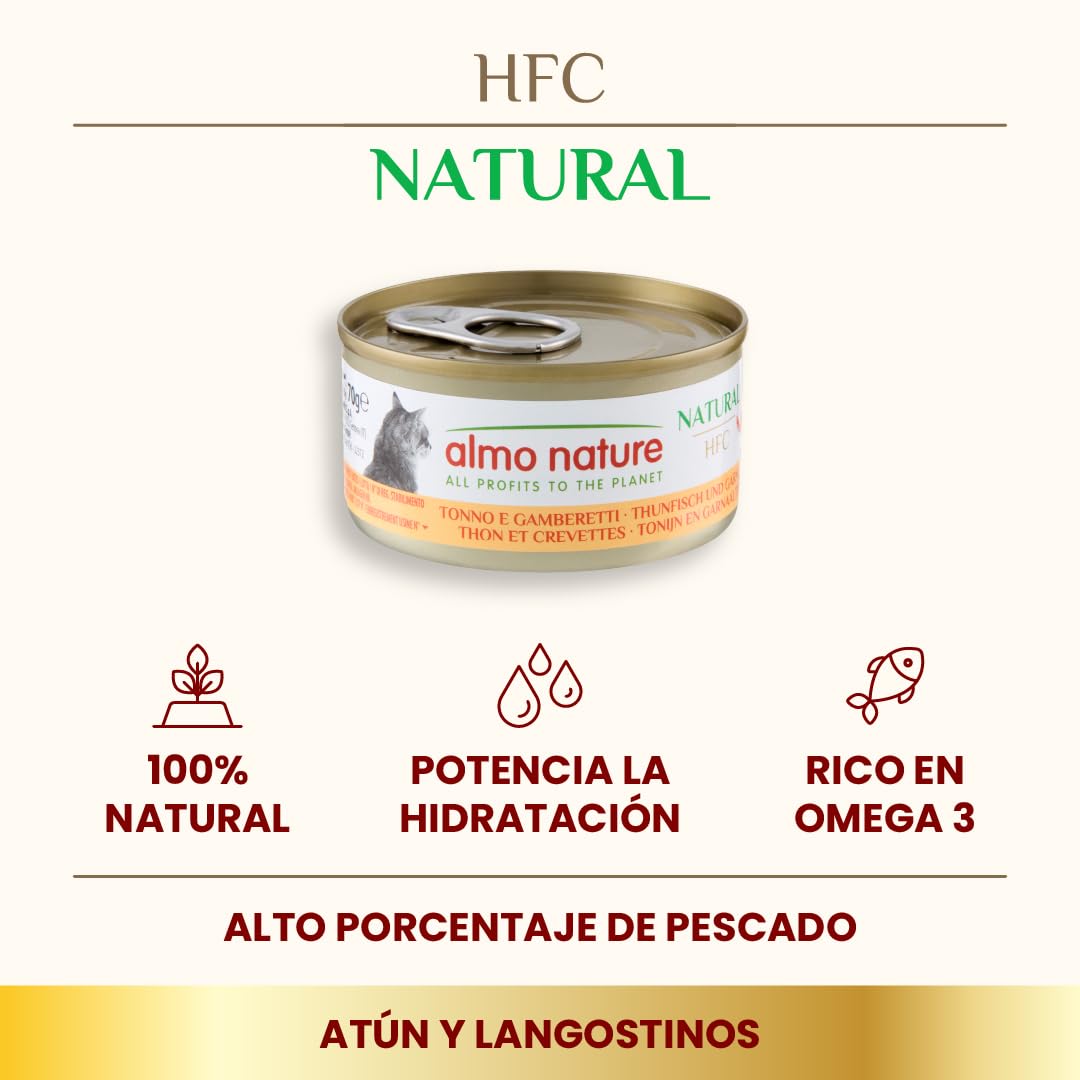 Almo Nature HFC Natural - Comida Húmeda para Gatos Adultos - Atún y Gambas - Calidad Humana, Sin Gluten - 70g, Pack de 24