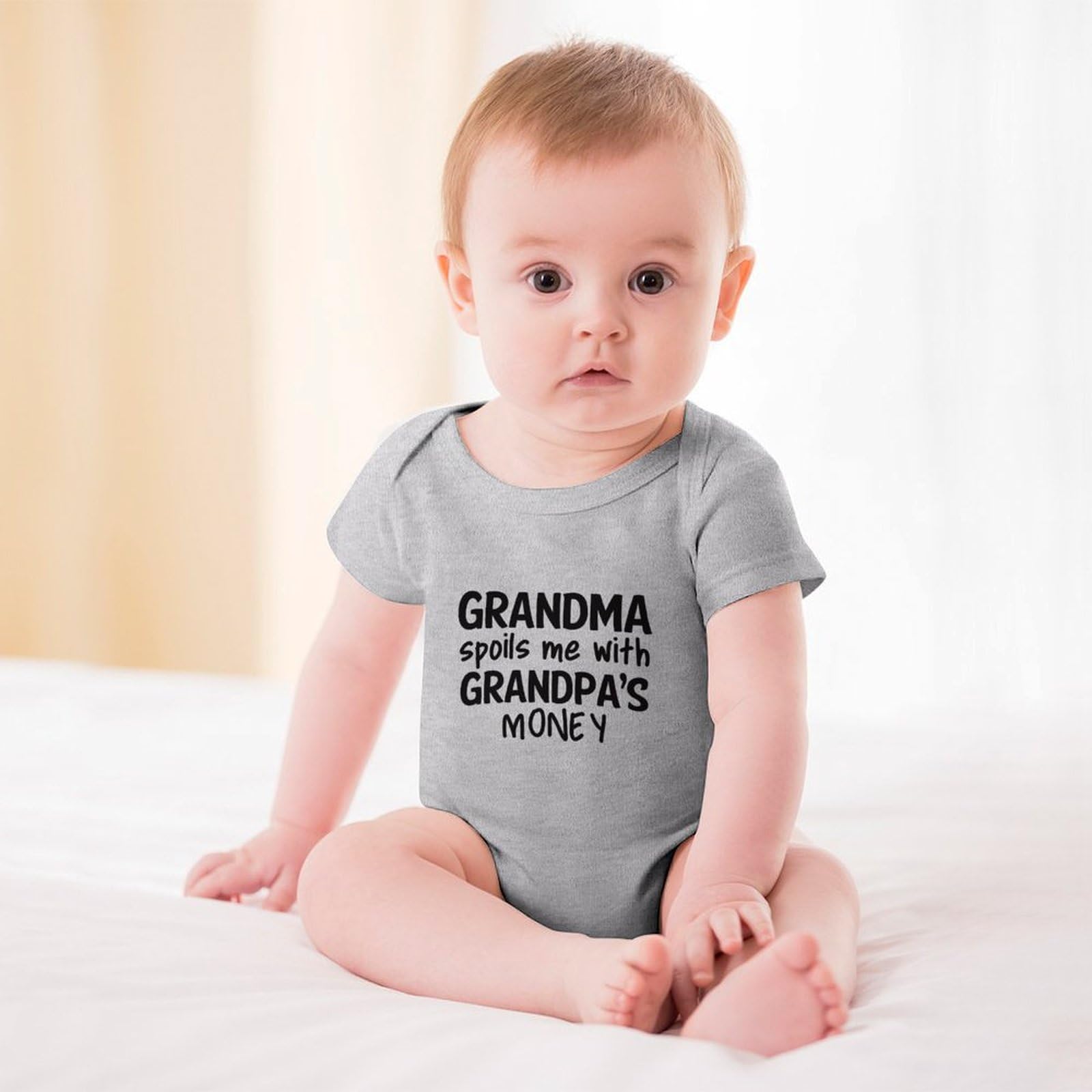WOOYONGING Grandma Spoils Me With Grandpa's Money Gender Neutral Baby Romper Short Sleeve Boy Newborn Outfits for Hospital White Newborn