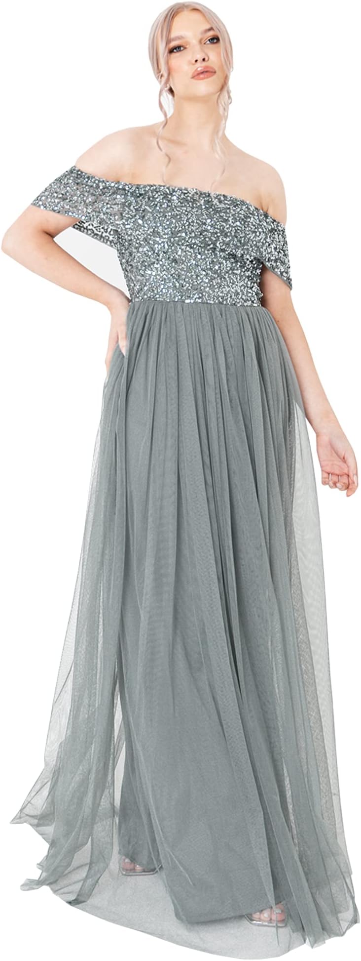 Maya DeluxeWomen's Ladies Bardot Dress Maxi Embellished Hight Empire Waist Sleeveless Tulle for Wedding Guest Prom Graduation Bridesmaid