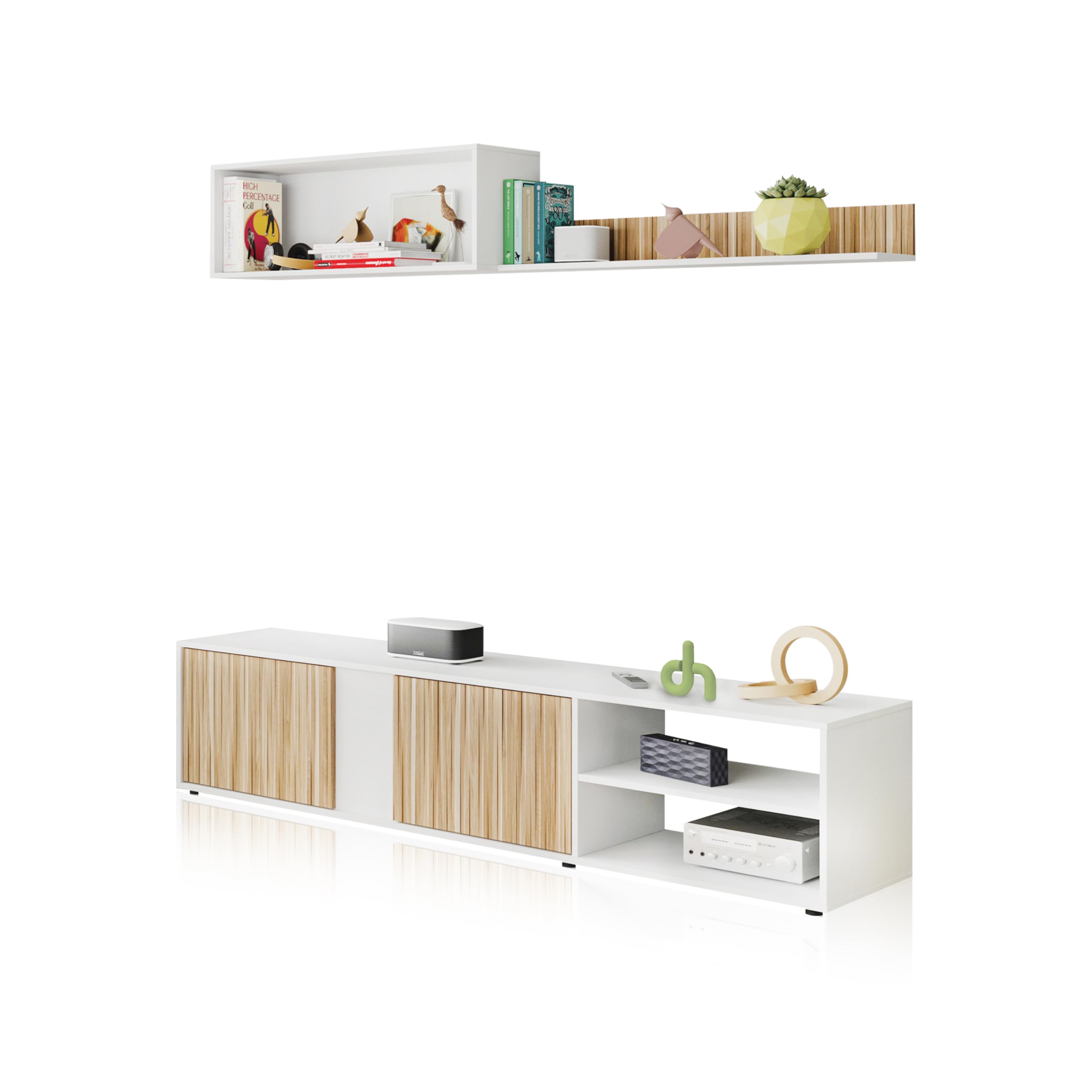duehome | Conjunto Reversible de Salon, Mueble de TV, Modulos de Comedor, Modelo Alix, Acabado en Blanco Artik y Natur, Medidas: 180 cm (Largo) x 33 cm (Fondo) x 40 cm (Alto)