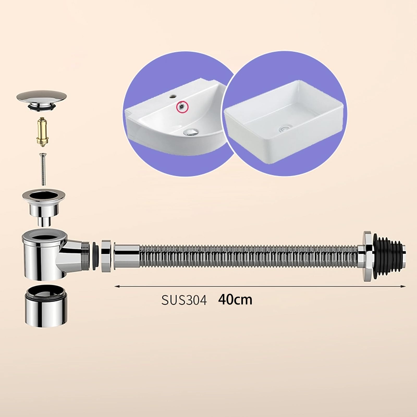 Siphon Waschbecken aus Edelstahl,Pop-Up-Ablaufventil,Überlauf,Geruchsverschluss,Flexibler Ablaufschlauch Siphon Spüle für Waschbecken Waschtisch