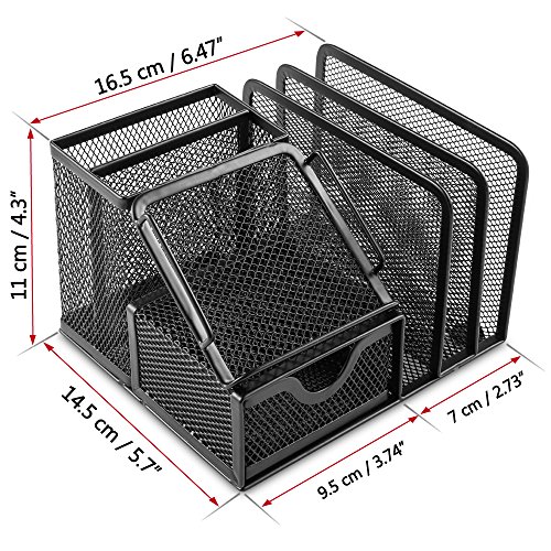 Plemo Mesh Desk Organizer Office Supplies Caddy with 6 Compartments: Drawer, Pen Holder, Memo Holder & File Holder, 6.42" x 4.13" x 5.71" - Thumbnail 3