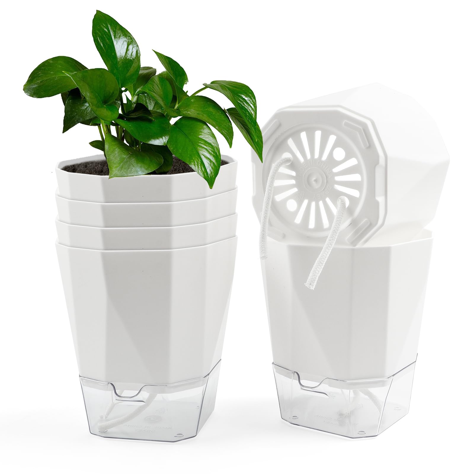 Pots de fleurs à arrosage automatique Lot de 6 en plastique 12,7 cm avec drainage et plateau