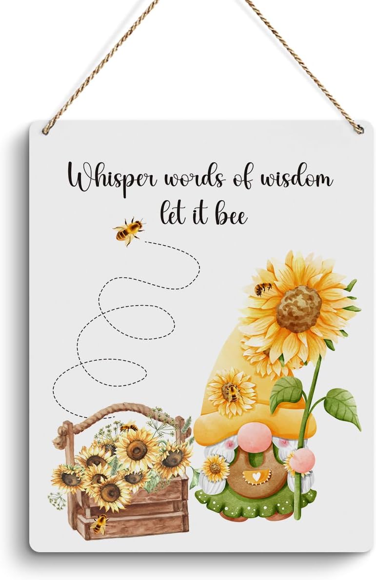 Positive Sunflower Wall Door Decor, Sunflower Gnome Bee Wood Plaque Sign, Sunflower kitchen Bathroom Home Office Wall Hanging Decor, Motivational Sunflower Gifts for Women Men 8 X 10 Inch SunWisdom