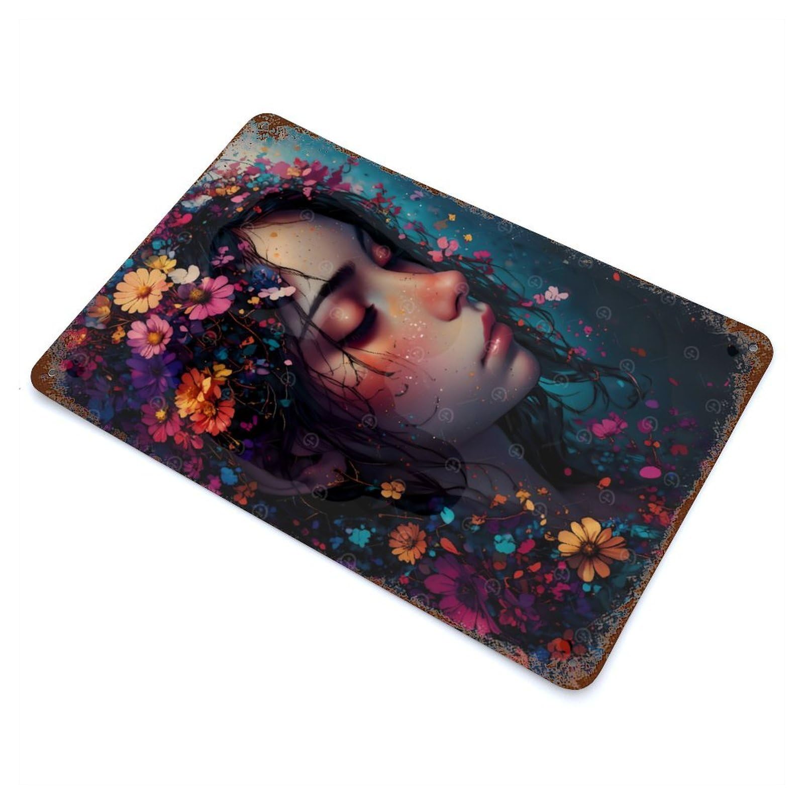 Floral Portrait Weathered Tin Sign 11.8"x7.9", Novelty Wall Decor for Garage, Pub Or Kitchen