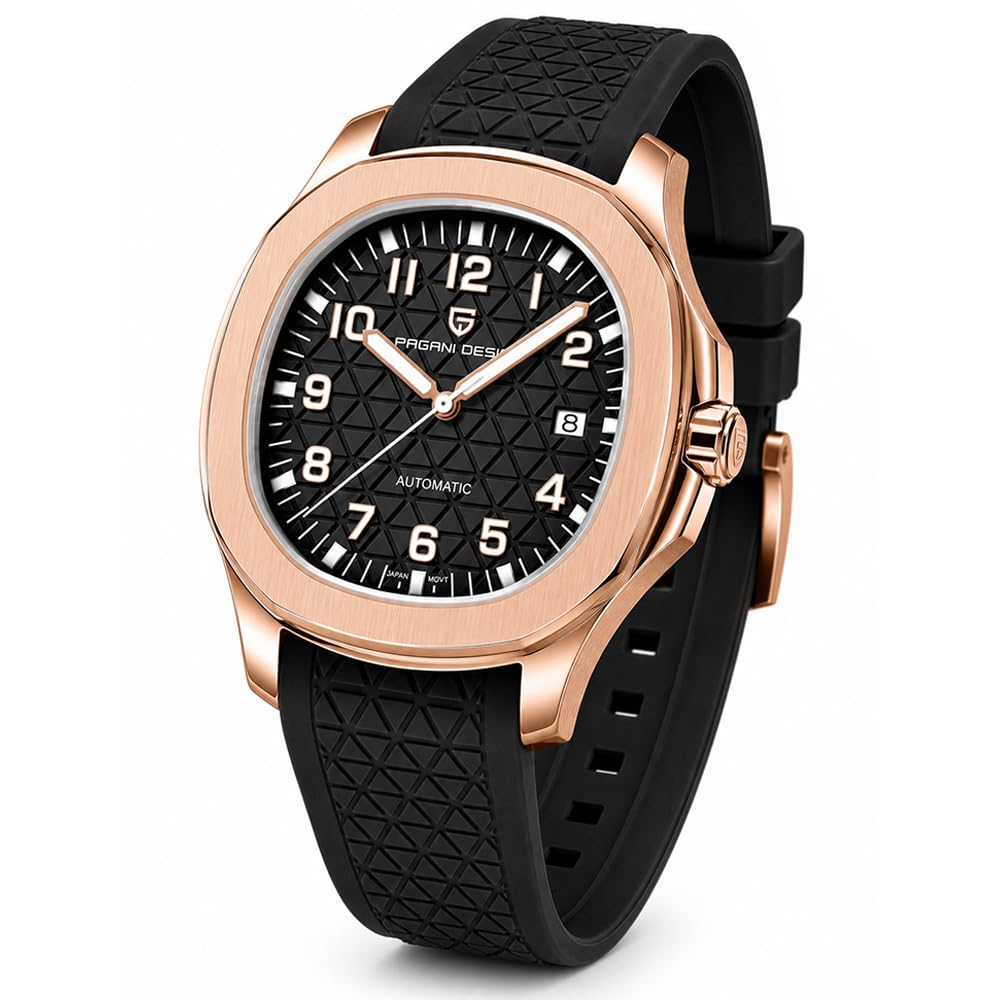 Pagani Design Automatik Herrenuhr Miyota 8215 Mechanisches Uhrwerk 41mm Edelstahl Analog Armbanduhren für Herren, Synthetisches Saphirglas Zifferblatt, 100M Wasserdicht, Kautschukband, Datumautomatik