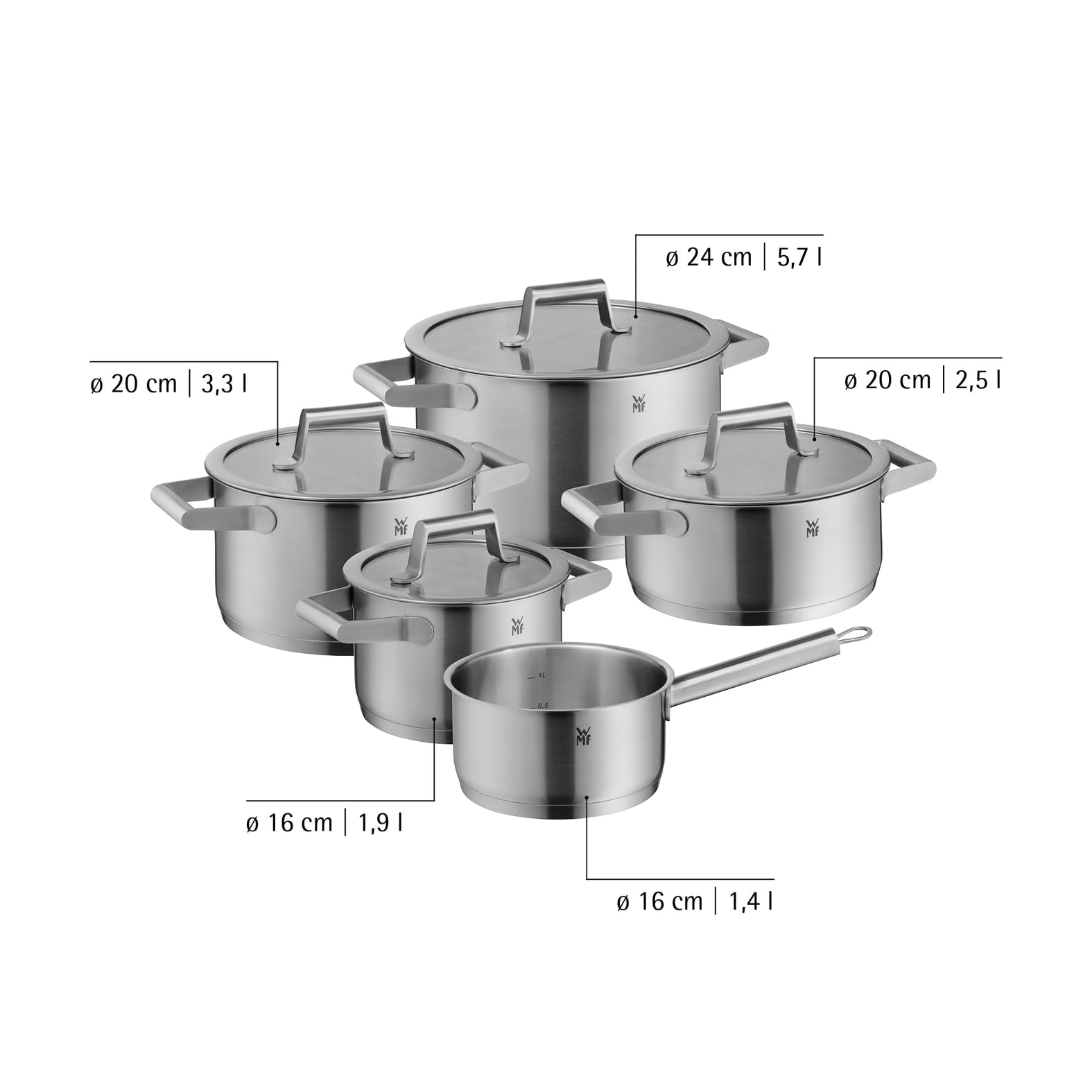 WMF Comfort Line Topfset Induktion 5-teilig, Kochtopf Set mit Glasdeckel, Cromargan Edelstahl mattiert, Skalierung, Induktions Töpfe Set stapelbar, unbeschichtet