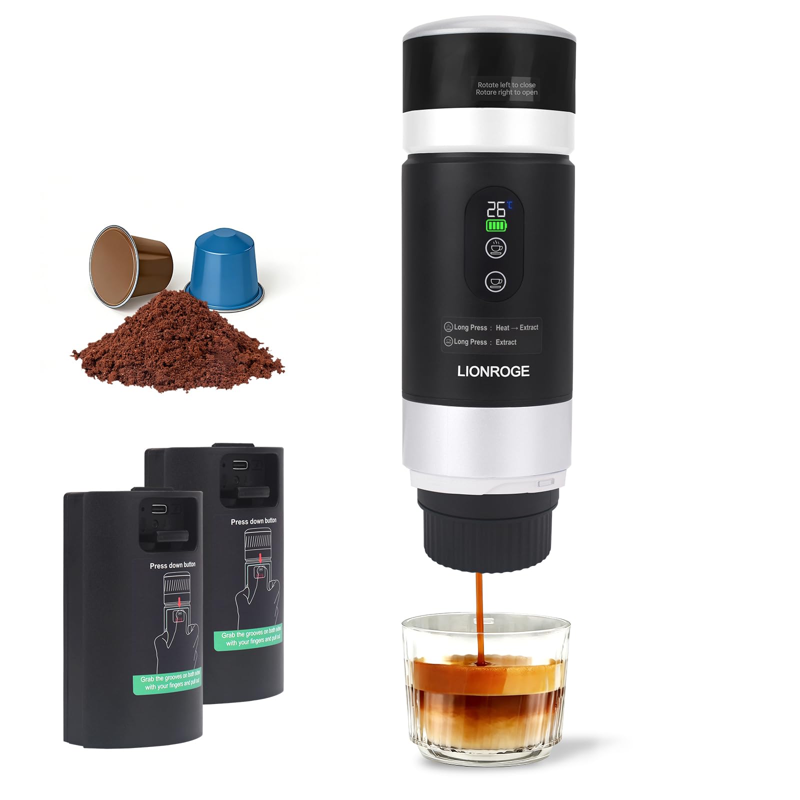 LIONROGE Akku Kaffeemaschine,3 in 1 Tragbare Espressomaschine,mini Espressomaschine für Kapsel und Gemahlener Kaffee,mit Wechselbare Akku*2 für Wohnmobil Wandern Camping