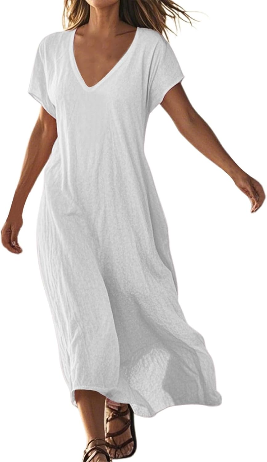 リネン Vネック 半袖 ゆったり カジュアル ドレス レディース 無地 快適 デイドレス パーティードレス ロング春