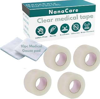 NanaCare Hypoallergenic Transparent Surgical Tape 1in x 10yd, 4 Waterproof Clear Rolls - Medical First Aid for Sensitive Skin, Dressings & Face