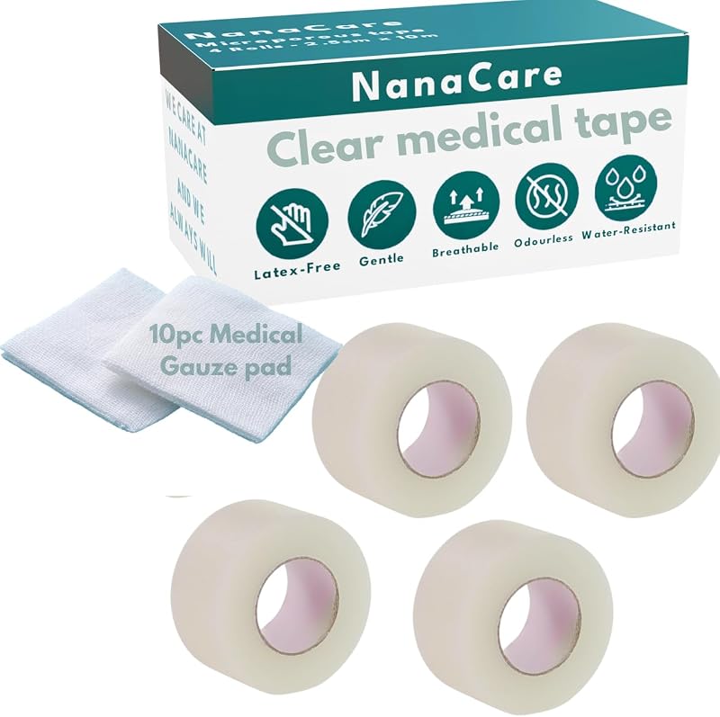 NanaCare Clear Medical Tape Waterproof, 4 Rolls - 1 inch x 10 yds | 4 Rolls - 1 inch x 10 yds & 10 pc Gauze Pads, Hypoallergenic Surgical Tape Skin Parent