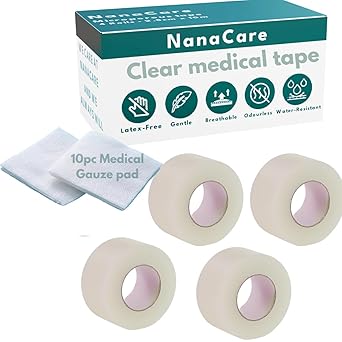 Clear Medical Tape Waterproof, 4 Rolls- 1 inch x 10 yds + 10 pc Gauze Pads - Hypoallergenic Surgical Tape for Wound Care, Dressings & Face, First Aid Waterproof Bandage for Sensitive Skin