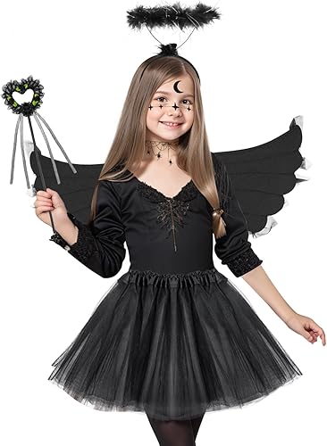 SelfTek 5 piezas de disfraz de ángel caído para niñas, alas de ángel oscuras negras y halo, falda tutú para niños de 3 a 12 años, vestido de cosplay