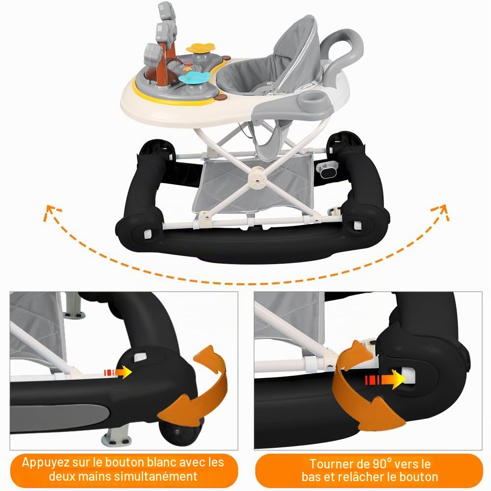Trotteur Bébé Evolutif,Trotteur Marche Bebe Pliable,trotteur bebe,Garçons/filles, avec Musique, Hauteur Réglable en 5 Positions bol alimentaire détachable,67 * 75 * 85cm-Noir