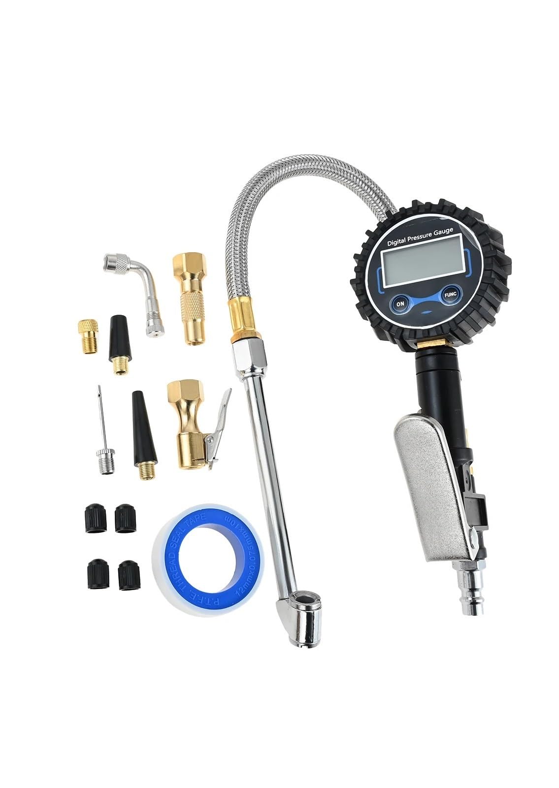 Manometro digitale per pneumatici con gonfiatore Attacco per compressore mandrino ad aria compressa da 200 PSI Tubo flessibile intrecciato in acciaio