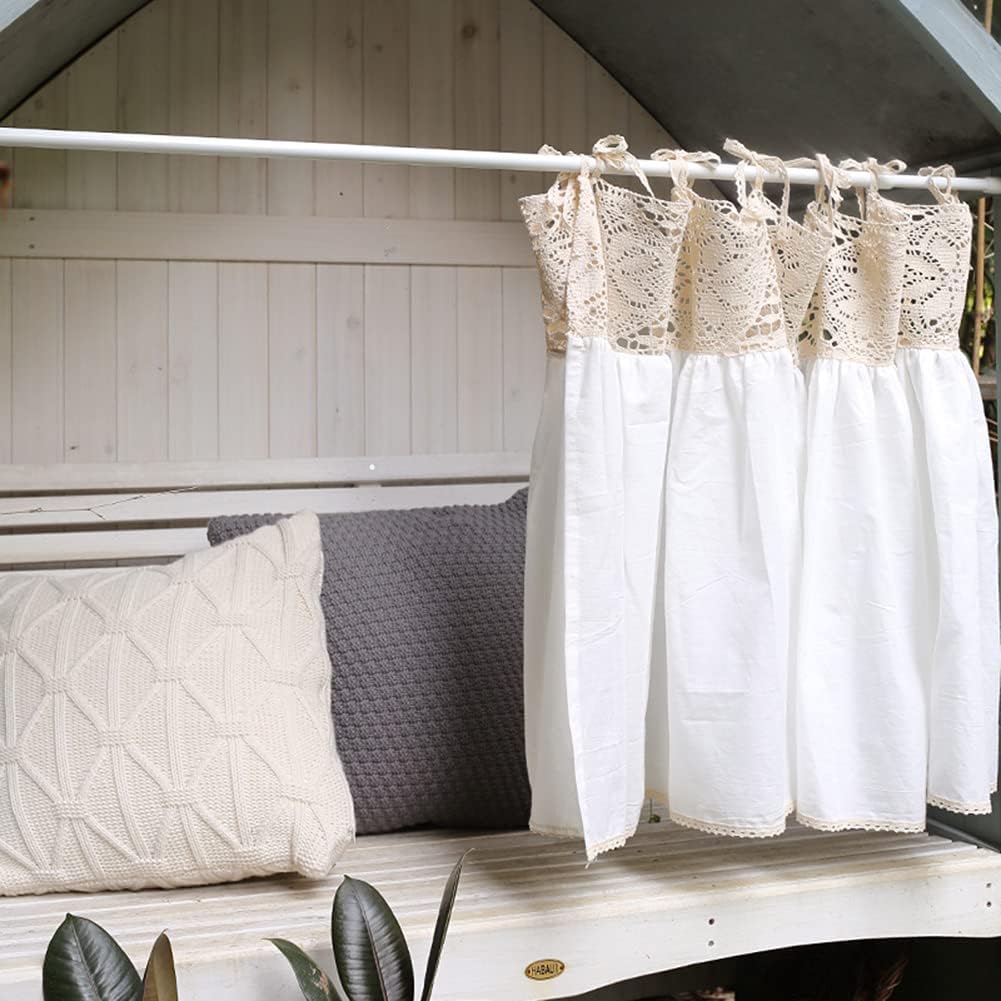 YXW Shabby Chic Valance, White Cotton Stitching Beige Lace Tie Up Top Kitchen Short Curtain, Rustic Cafe Half Drapes for Bathroom/Children's Room, 1 Piece (47×25inch/47×48inch)