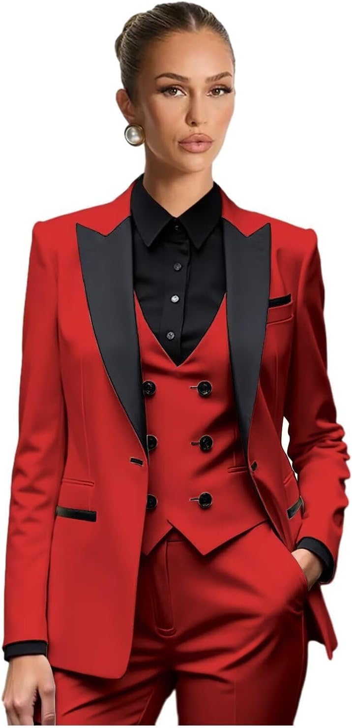 Formal Suits for Women 3 Piece Double Breasted Womens Suit Business Casual Peak Lapel Pant Suits for Women FXZ15