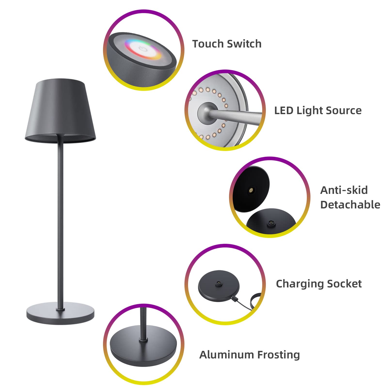 FUYO Lampes de table sans fil tactile rechargeable aluminium IP54 8 couleurs LED Gris