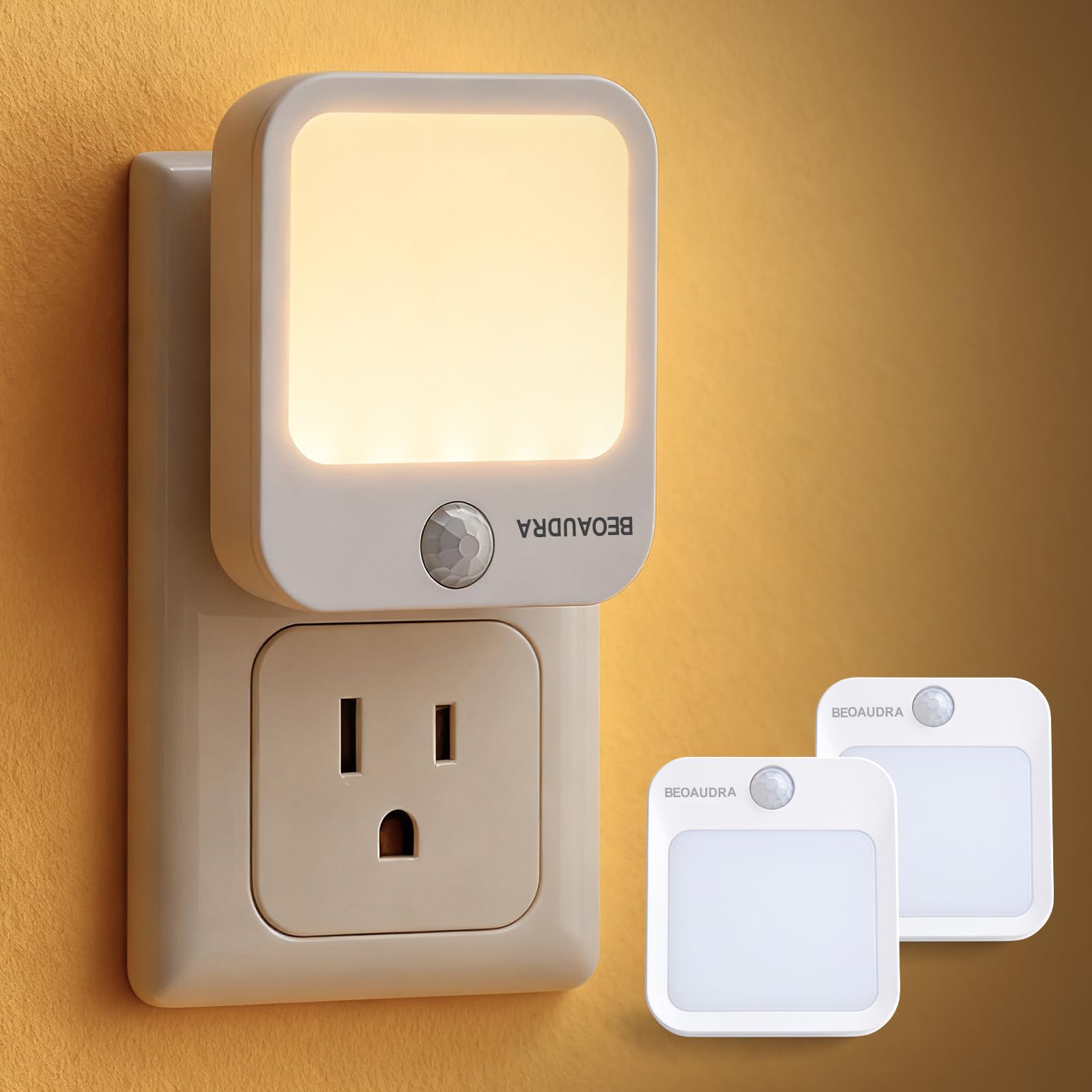 Plug-in-Bewegungsmelder-Lichter mit einstellbarer Helligkeit, warmweiß, bewegungsaktiviertes LED-Nachtlicht für Schlafzimmer, Badezimmer, Treppen, Flur, Wohnzimmer, 2 Stück
