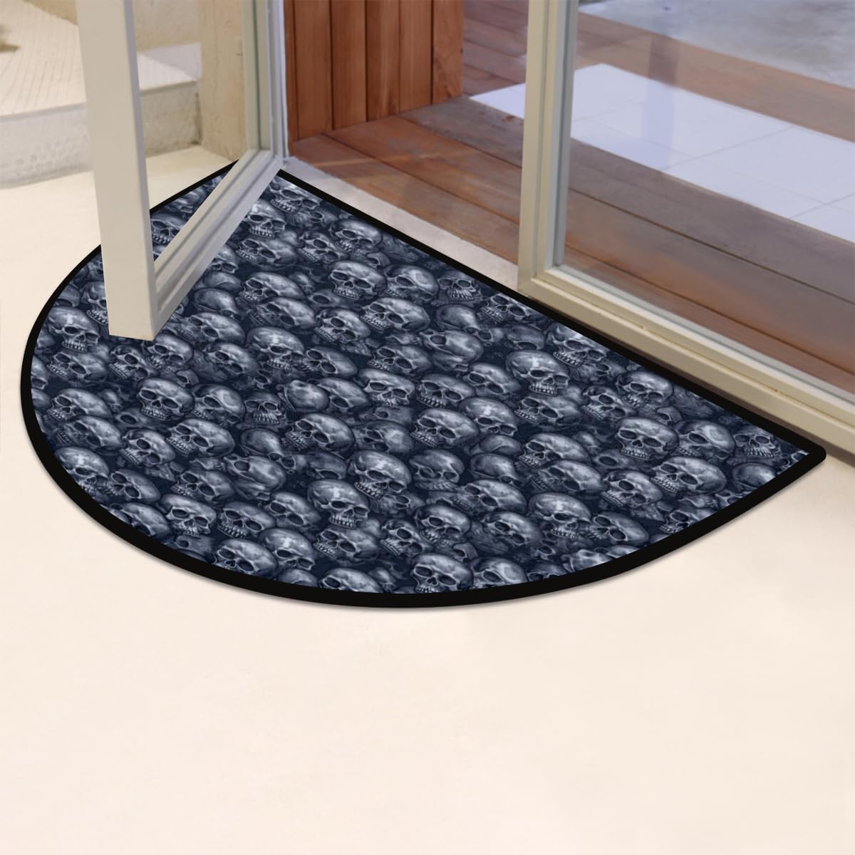Half Round Door Mat Gothic Skull Print Non-Slip Absorbent Welcome Doormats Washable Half Circle Area Rug for Home Indoor Entrance High Traffic Areas, 24" x 36"