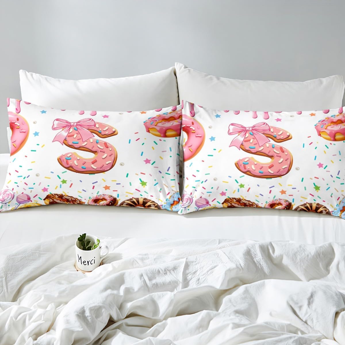 Erosebridal Pink Bow Duvet Cover Toddler Size Monogrammed Bedding Sets, Kids Girls Personalized Initial S Bed Set Colorful White Donut Sweet Candy Bed Cover Ultra Soft Modern Bedroom Decor