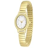 Easy Read Ladies Quartz Wrist Watch, Small Analog Gold Watch for Women with Oval Case, Water Resistant