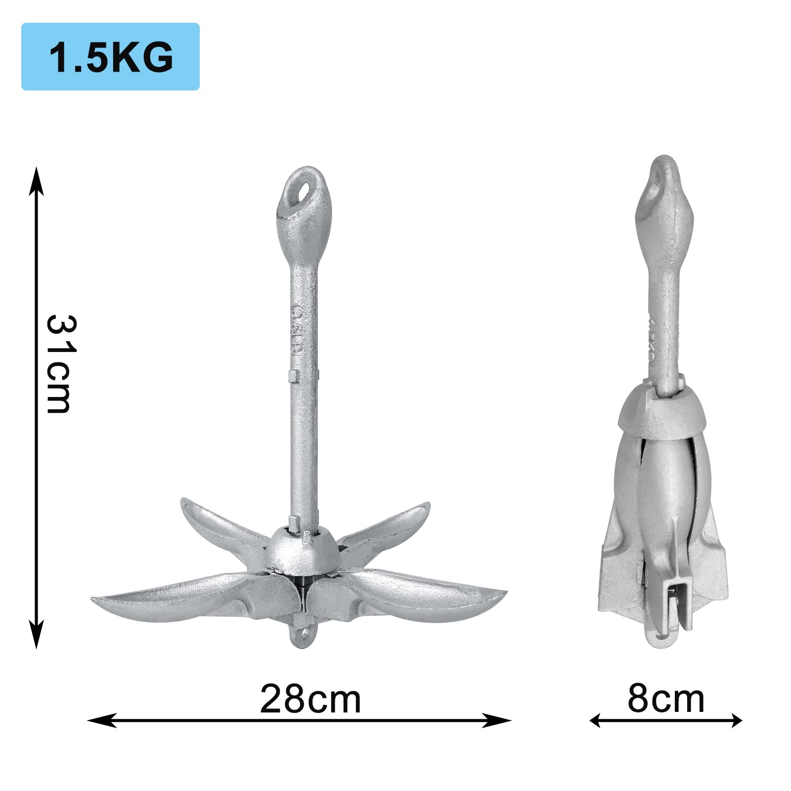 FIVMEN Bootsanker 1.5KG Anker Boot Tragbarer Faltanker mit 10m Seil und Kletterschnalle Boot Zubehör für SUP Schlauchboote Kajaks Paddelboards