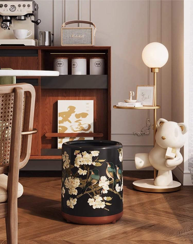 Luxury Vintage Style Waste Bin, Bird & Blossom Design Trash Can with Reinforced Body, Premium Home Décor Garbage Bin for Living Room