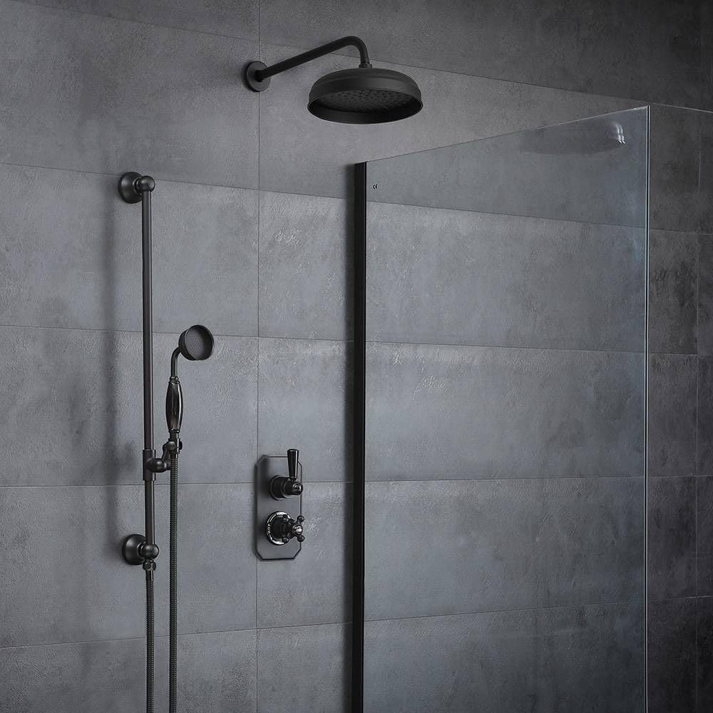 Milano Black Elizabeth Thermostatic Mixer Valve 200Mm Shower Head Riser Rail