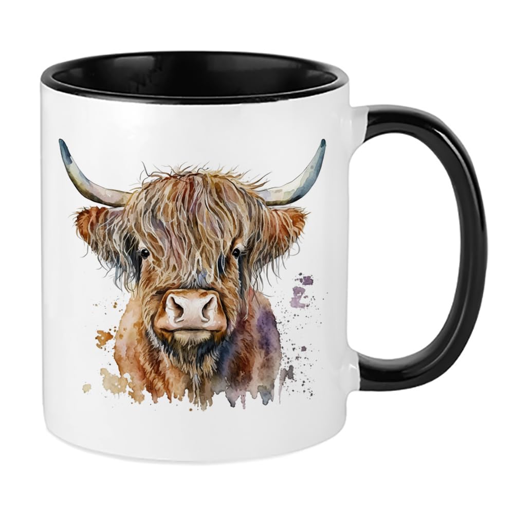 Highland Cow Mug, Animal Gift, Birthday, Christmas, Gift for Men, Women, Coffee, Tea 11oz Inside Coloured Ceramic Mug. (Black)