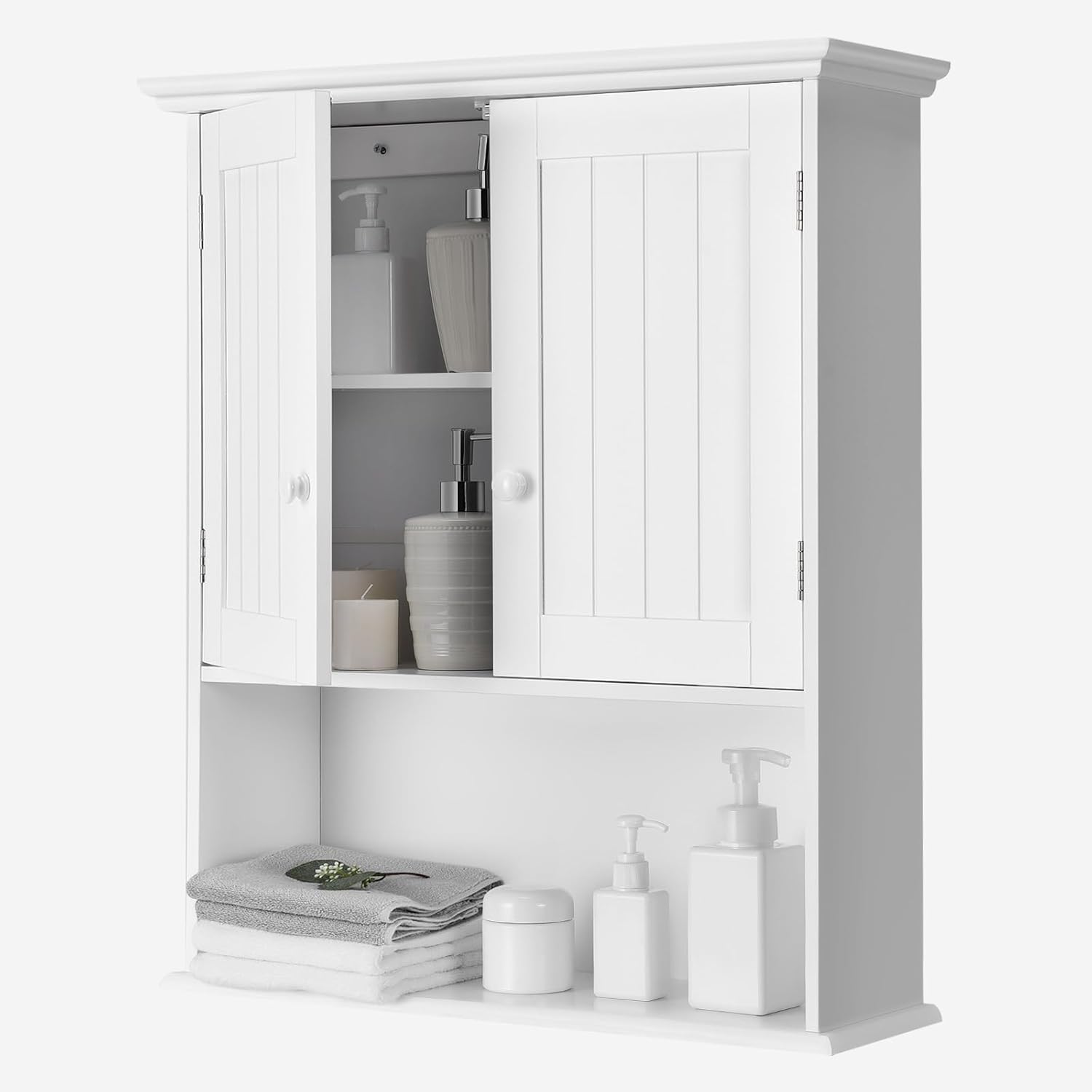 Bathroom Storage Cabinet Wall Mounted, Wooden Over The Toilet Space Saver with 2 Doors & Adjustable Shelf, Hanging Medicine Cabinets for Bathroom, Living Room, Kitchen (White)